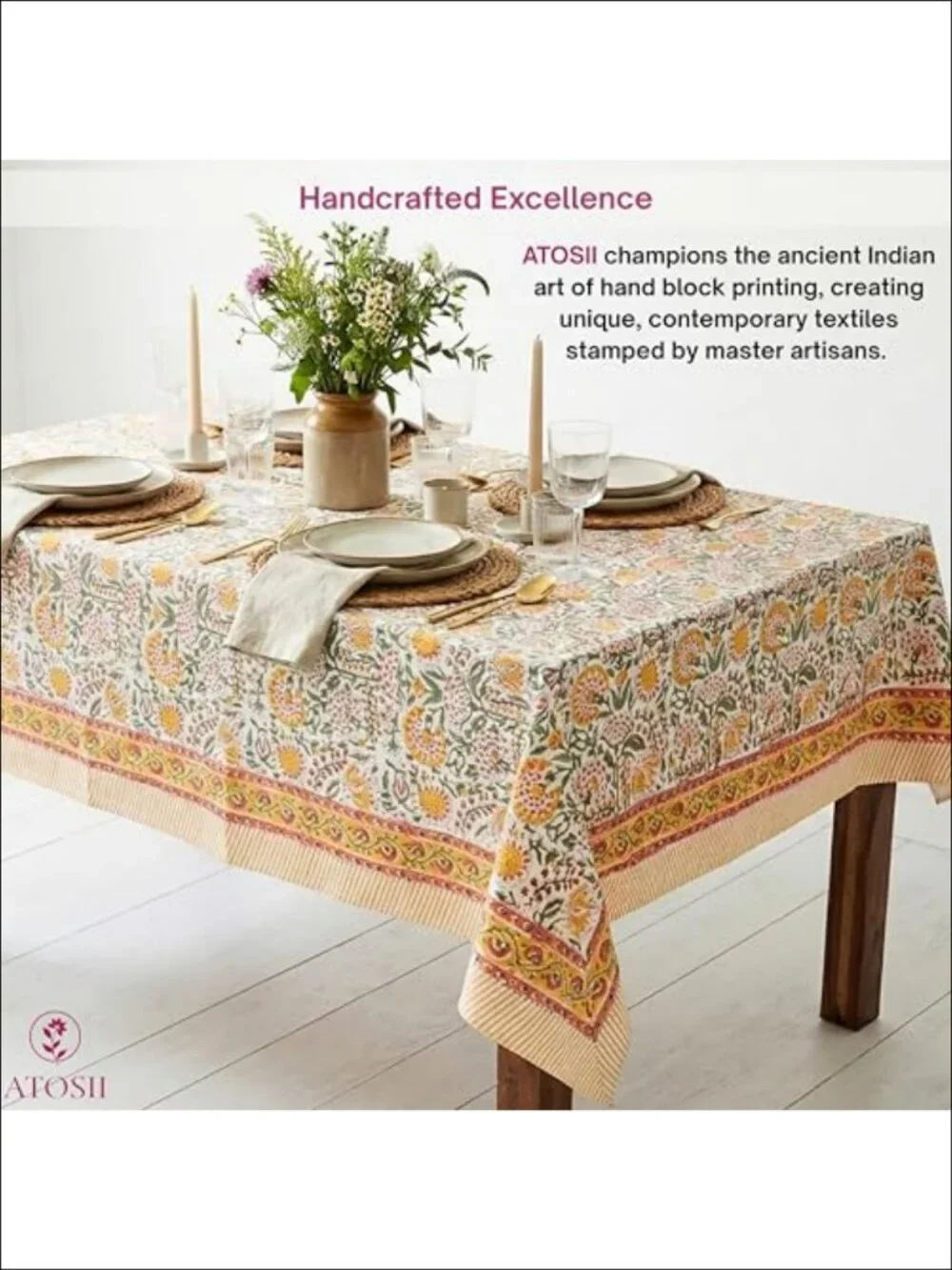 Handmade 100% Cotton Block Print Floral Rectangle Tablecloth 60x90
